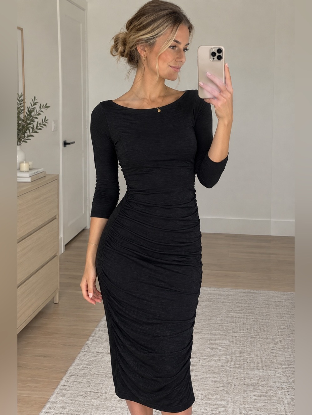 James Perse Ruched Long Sleeve Dress Bodycon Dress Long Sleeve Midi Dress Size S